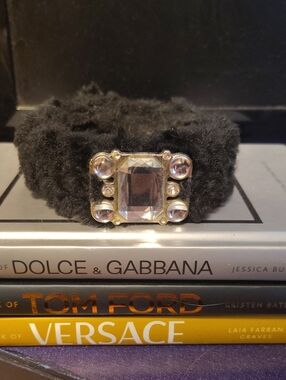 Black Faux-Fur Bracelet with Crystal Accent